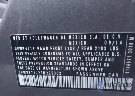 2015 Volkswagen Jetta 2.0L S из США, поврежденный, VIN 3VW2K7AJ2FM225302